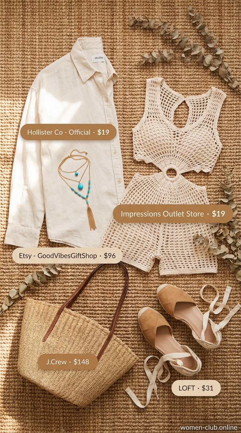 Boho Crochet Romper Outfit 2026 Cream crochet romper with linen shirt for layered boho summer outfits for women 2026.