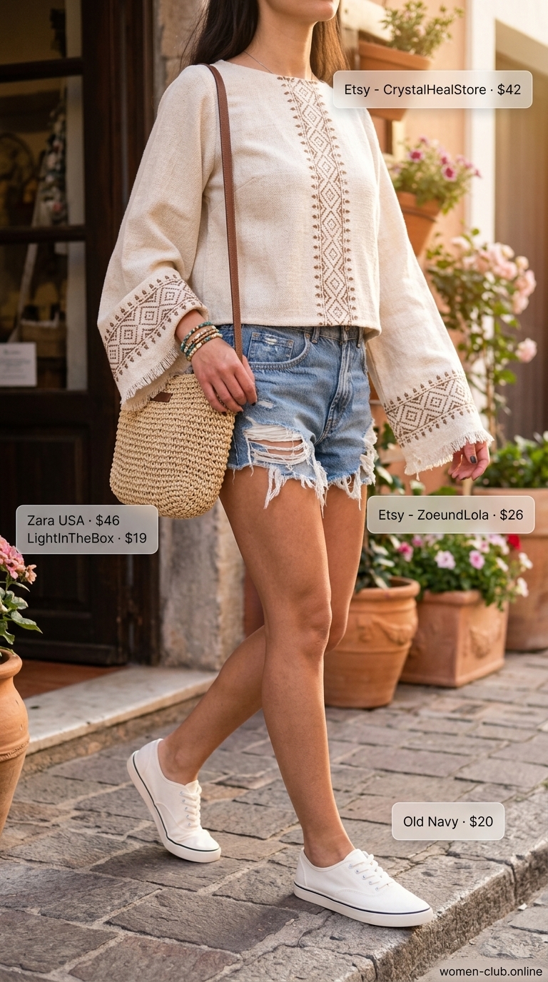 Boho Peasant Blouse & Shorts 2026 Denim shorts with embroidered peasant blouse, sneakers. Layered boho summer outfits for women 2026.