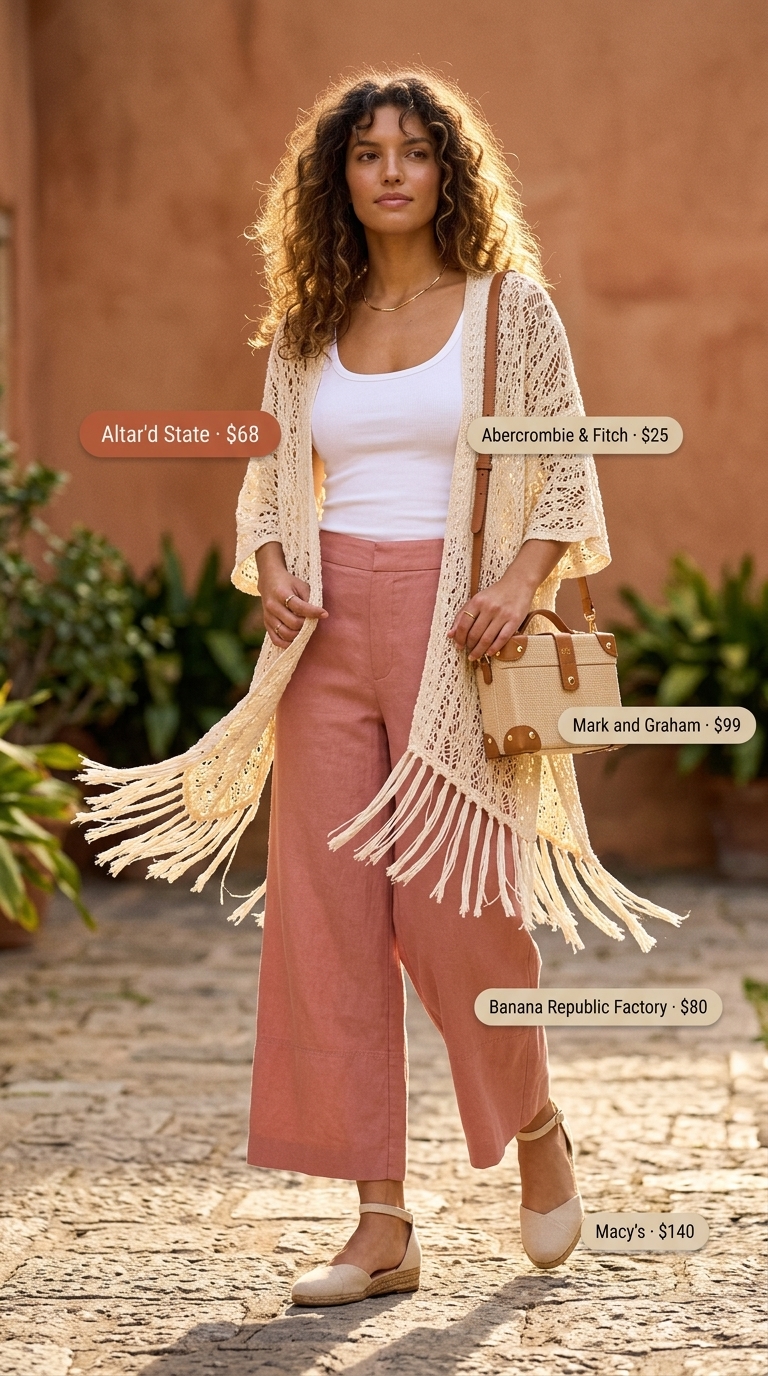 Boho Wide-Leg Pants Outfit 2026 Desert rose linen pants with white tank & crochet kimono. Layered boho summer outfits for women 2026.