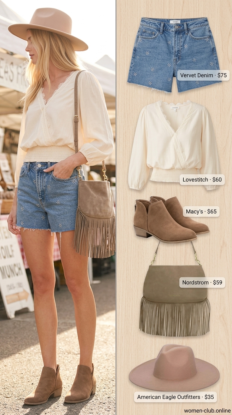 Boho Denim Shorts Festival Outfit 2026 Embroidered denim shorts, peasant blouse, suede bag for layered boho summer outfits for women 2026. Festival style.