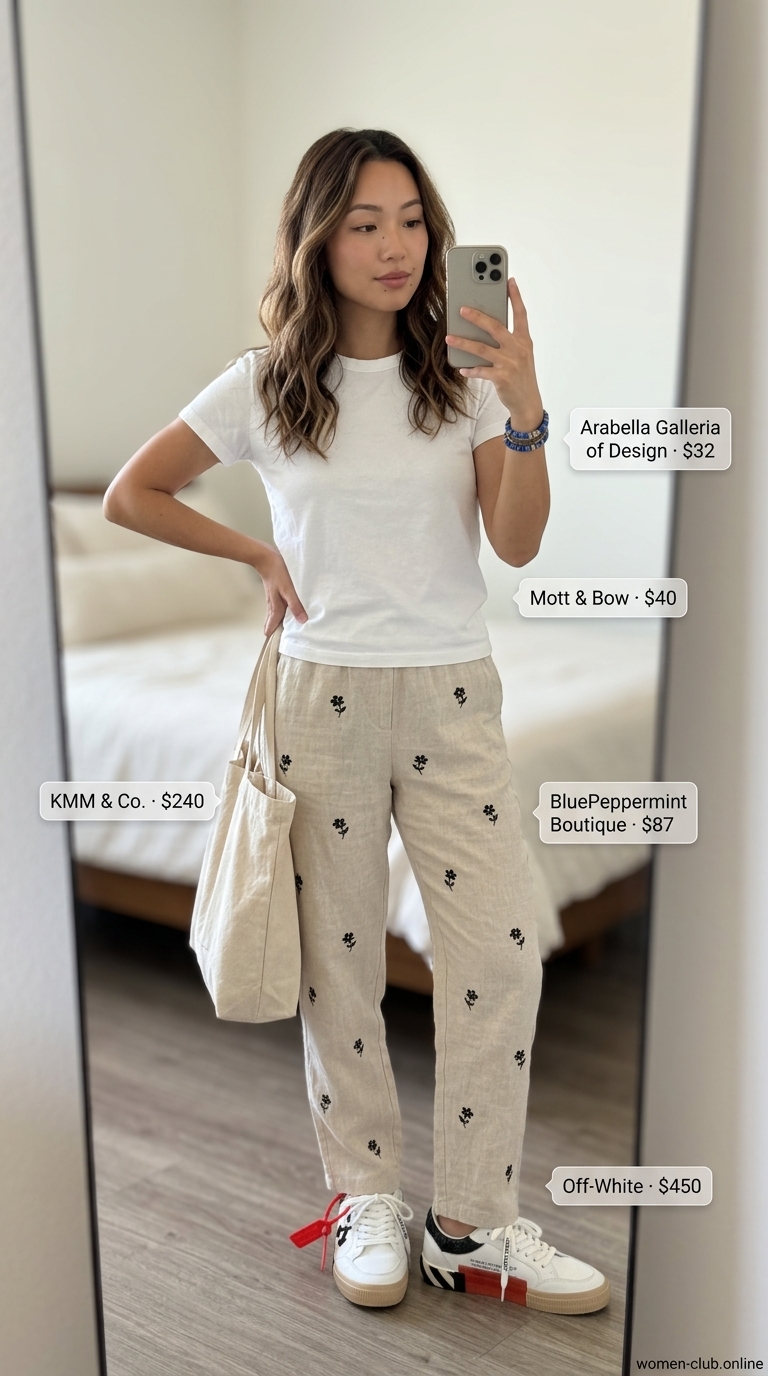 Boho Linen Pants Travel Outfit 2026 Embroidered linen pants, white tee, canvas tote for layered boho summer outfits for women 2026. Travel style.