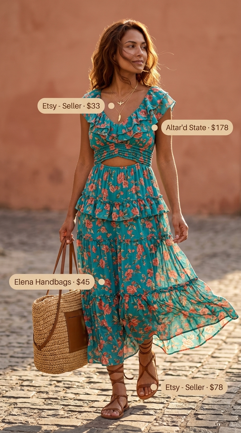 Boho Maxi Dress Festival 2026 Teal & coral floral maxi dress with gladiator sandals. Layered boho summer outfits for women 2026.
