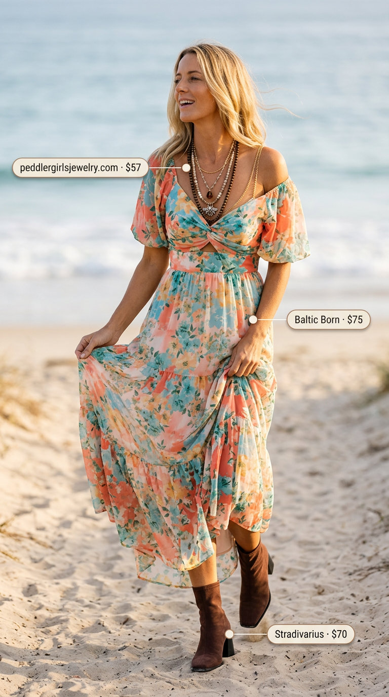 Boho Maxi Dress Vacation Outfit 2026 Coral floral maxi dress, suede fringe bag for layered boho summer outfits for women 2026. Beach vacation style.