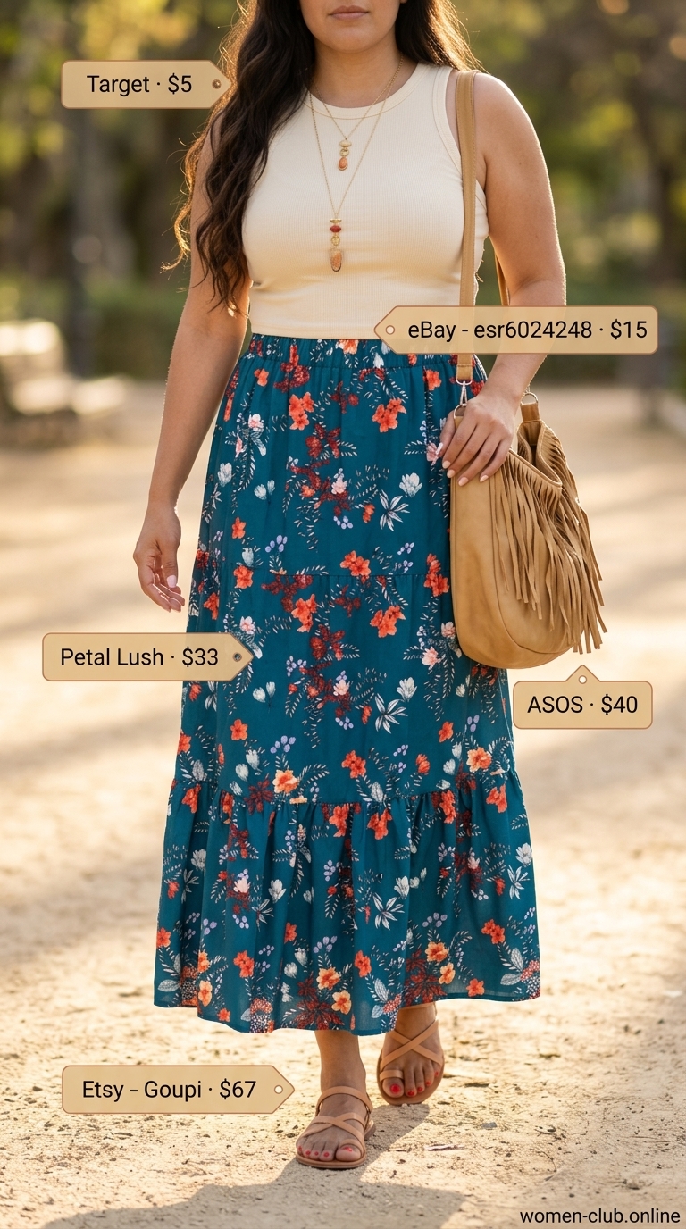 Boho Maxi Skirt Casual Day 2026 Teal & coral floral maxi skirt with ribbed tank. Layered boho summer outfits for women 2026.