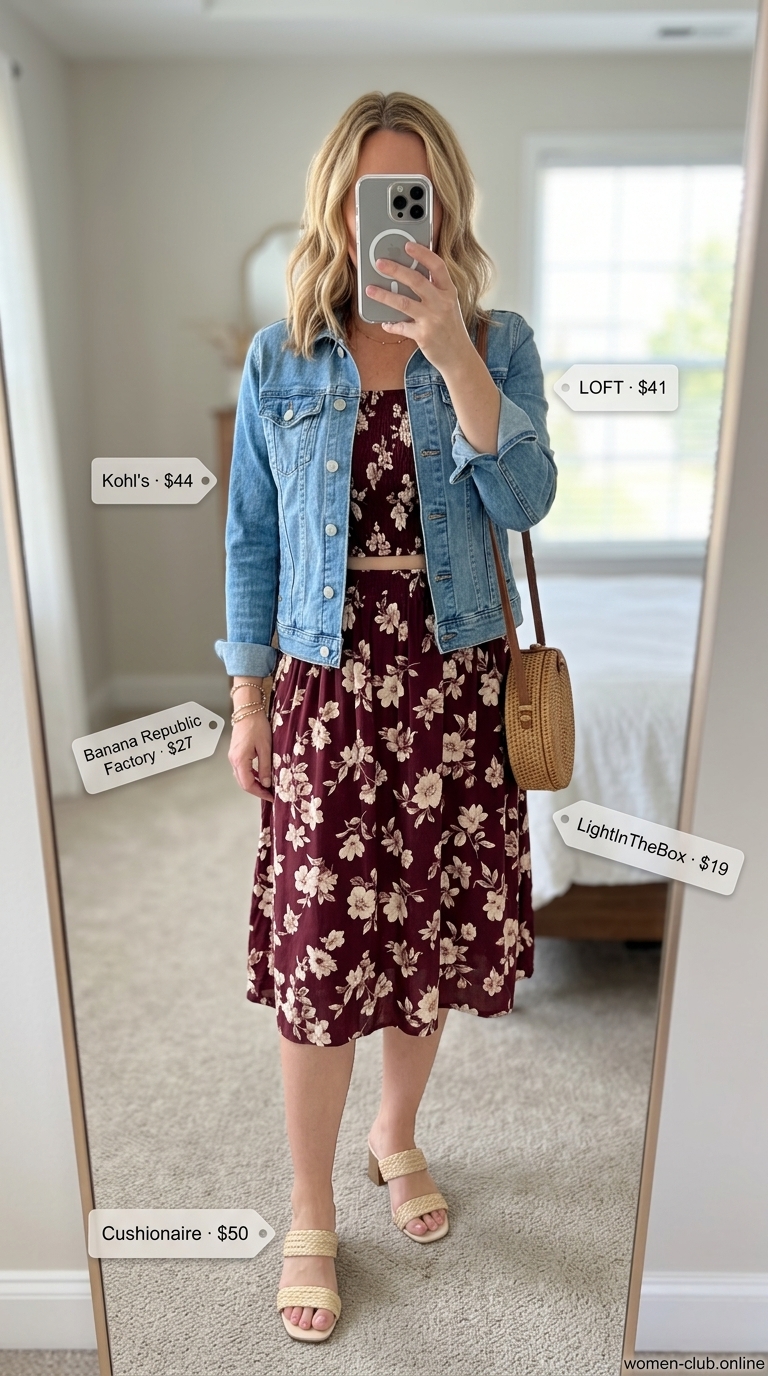 Boho Midi Skirt Set Brunch 2026 Floral midi skirt set with denim jacket, raffia mules. Layered boho summer outfits for women 2026.