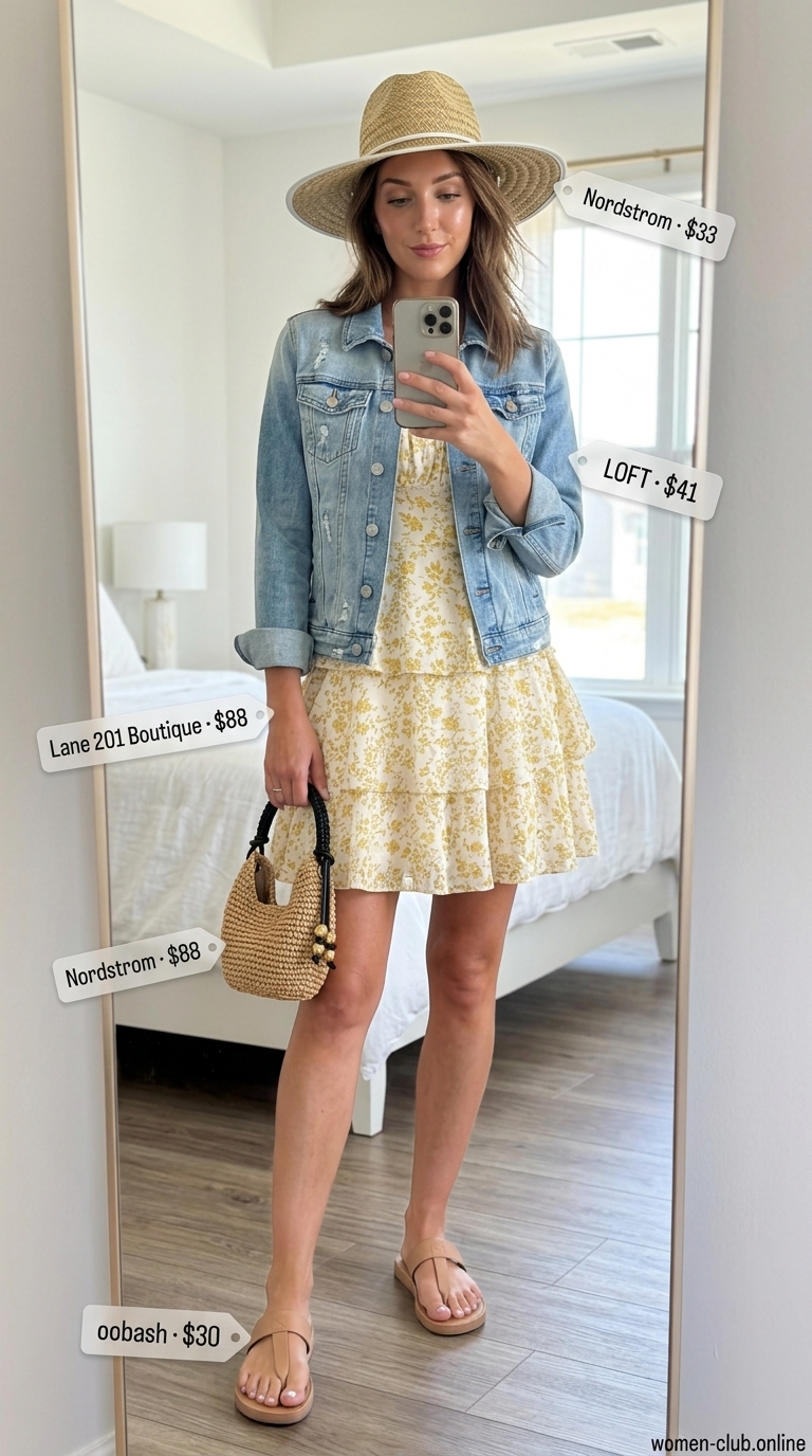 Boho Sundress Picnic Outfit 2026 Floral mini sundress, denim jacket, straw hat for layered boho summer outfits for women 2026. Picnic style.