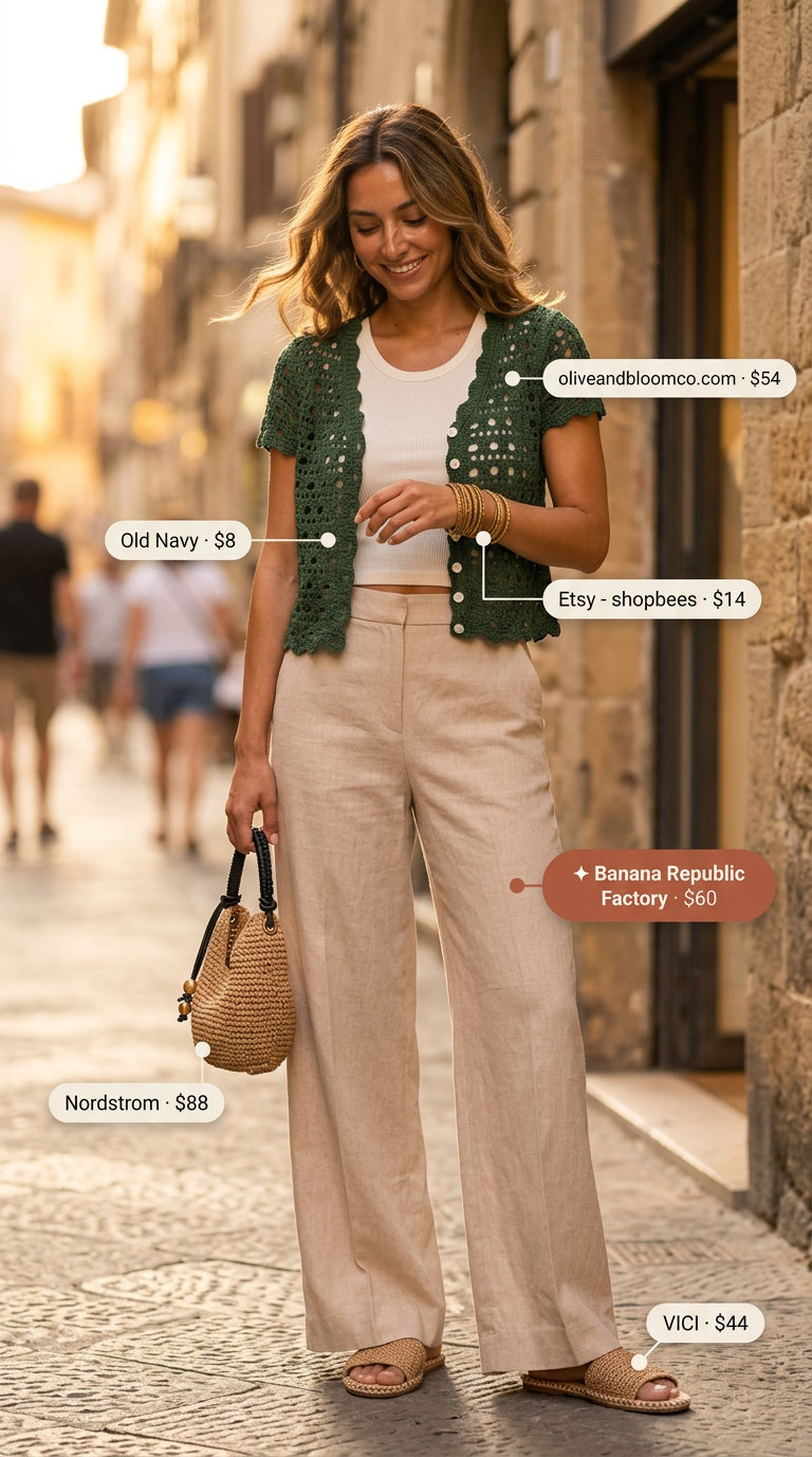 Desert Sun Layers Outfit 2026 Sand linen pants with olive green crochet cardigan for layered boho summer outfits for women 2026.