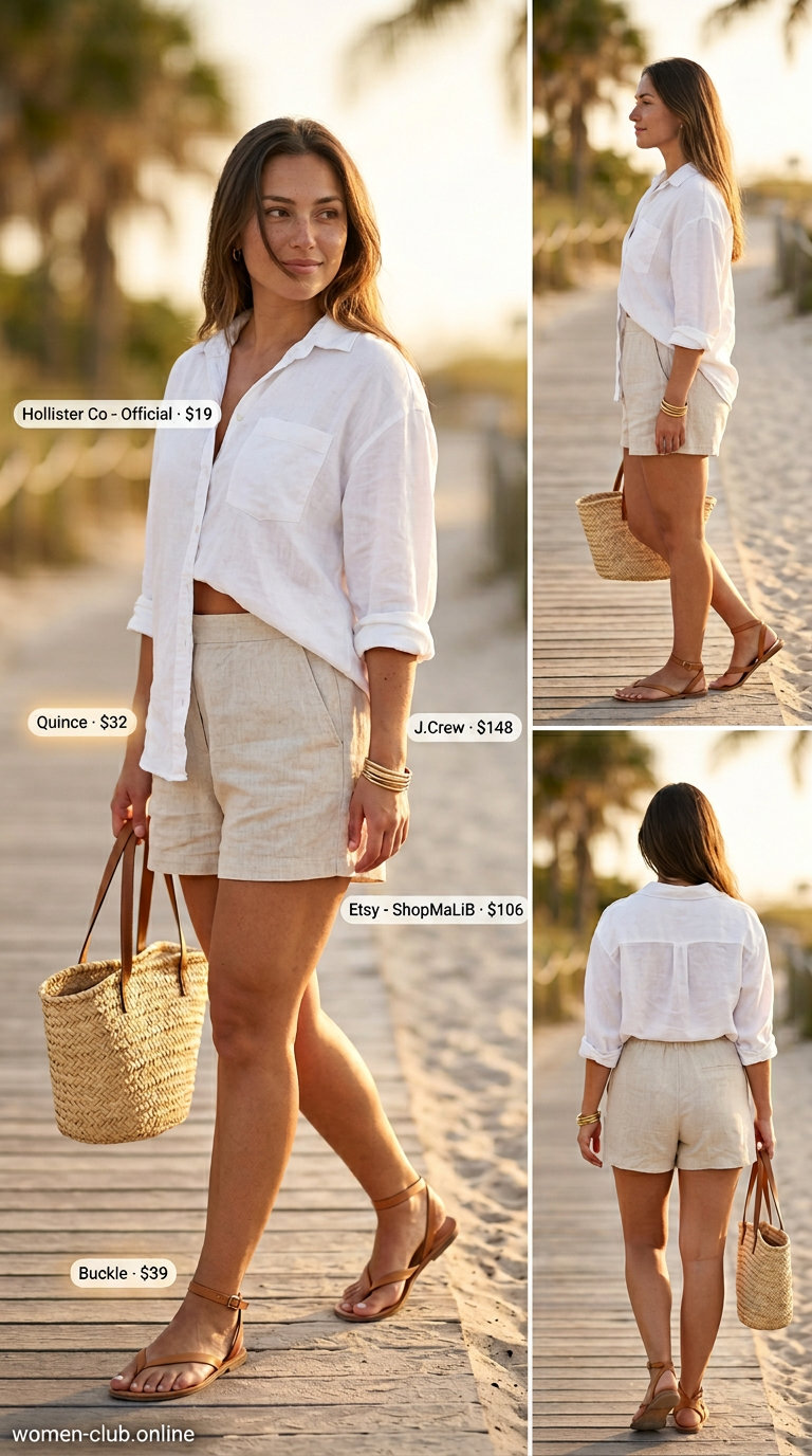 Boho Linen Shorts Outfit 2026 Beige linen shorts, white oversized shirt, terracotta slides for layered boho summer outfits for women 2026. Casual day out.