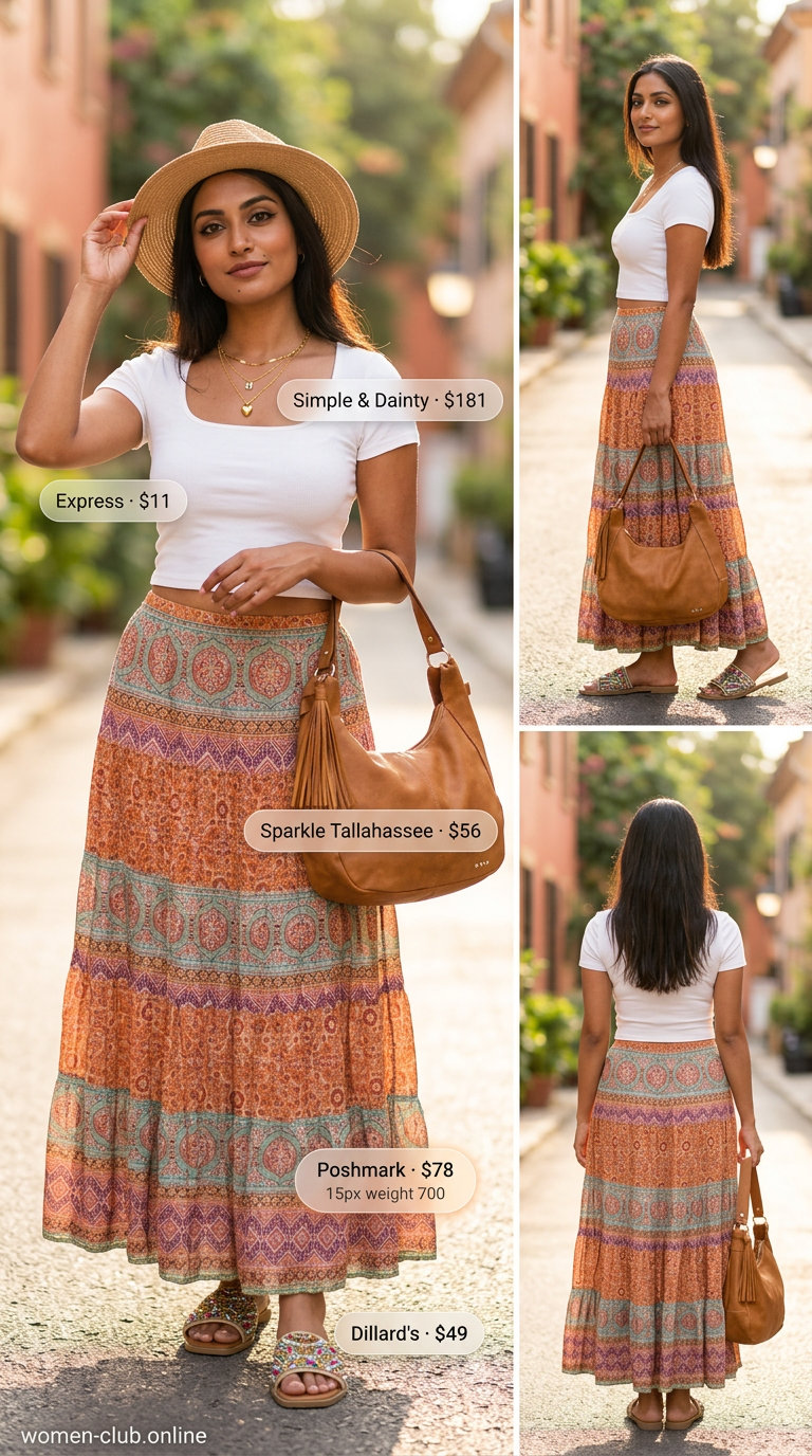 Boho Maxi Skirt Festival Outfit 2026 Burnt orange boho maxi skirt, cream crop top, fringe bag for layered boho summer outfits for women 2026. Festival style.