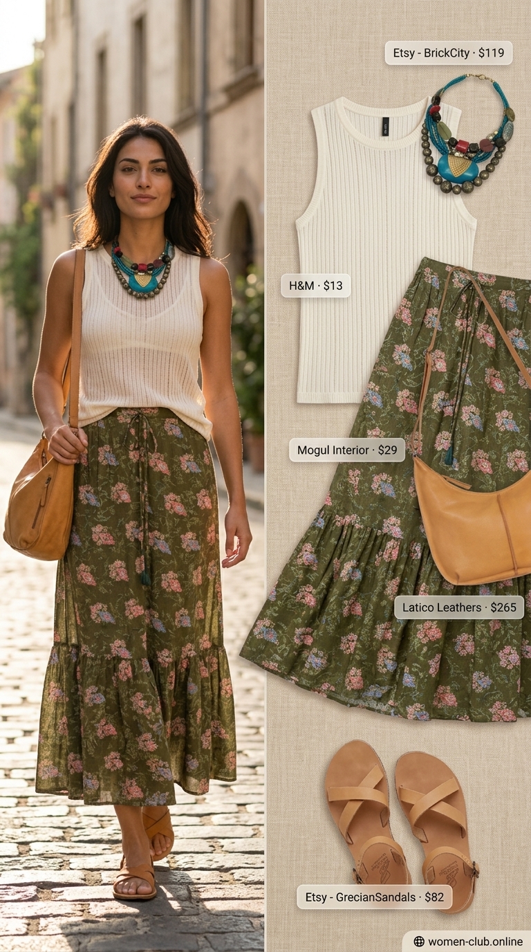Boho Maxi Skirt Knit Outfit 2026 Muted floral maxi skirt, knit tank, leather bag for layered boho summer outfits for women 2026. Casual evening style.