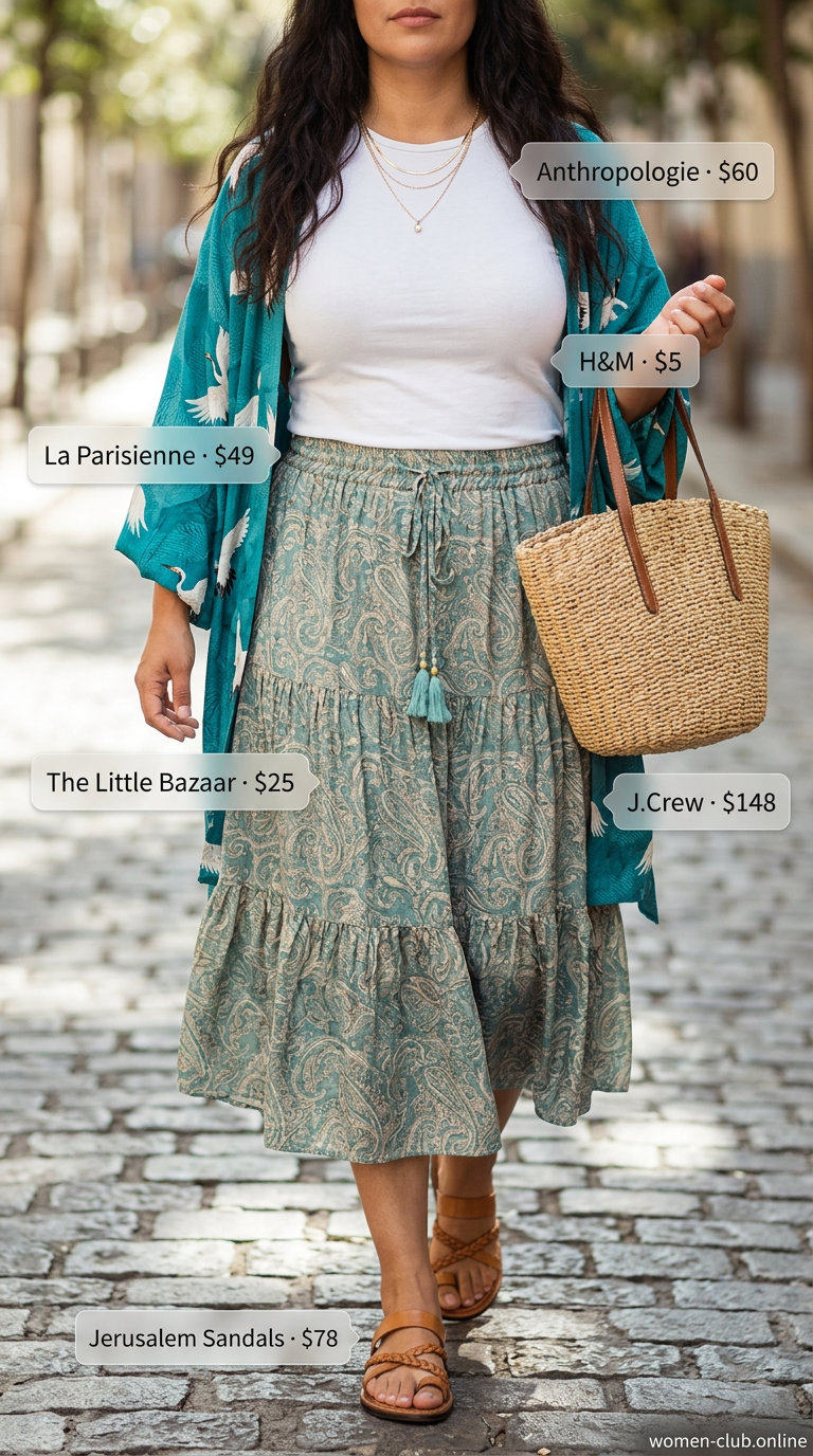 Boho Midi Skirt Kimono Outfit 2026 Muted teal boho midi skirt, cream tee, printed kimono for layered boho summer outfits for women 2026. Brunch style.
