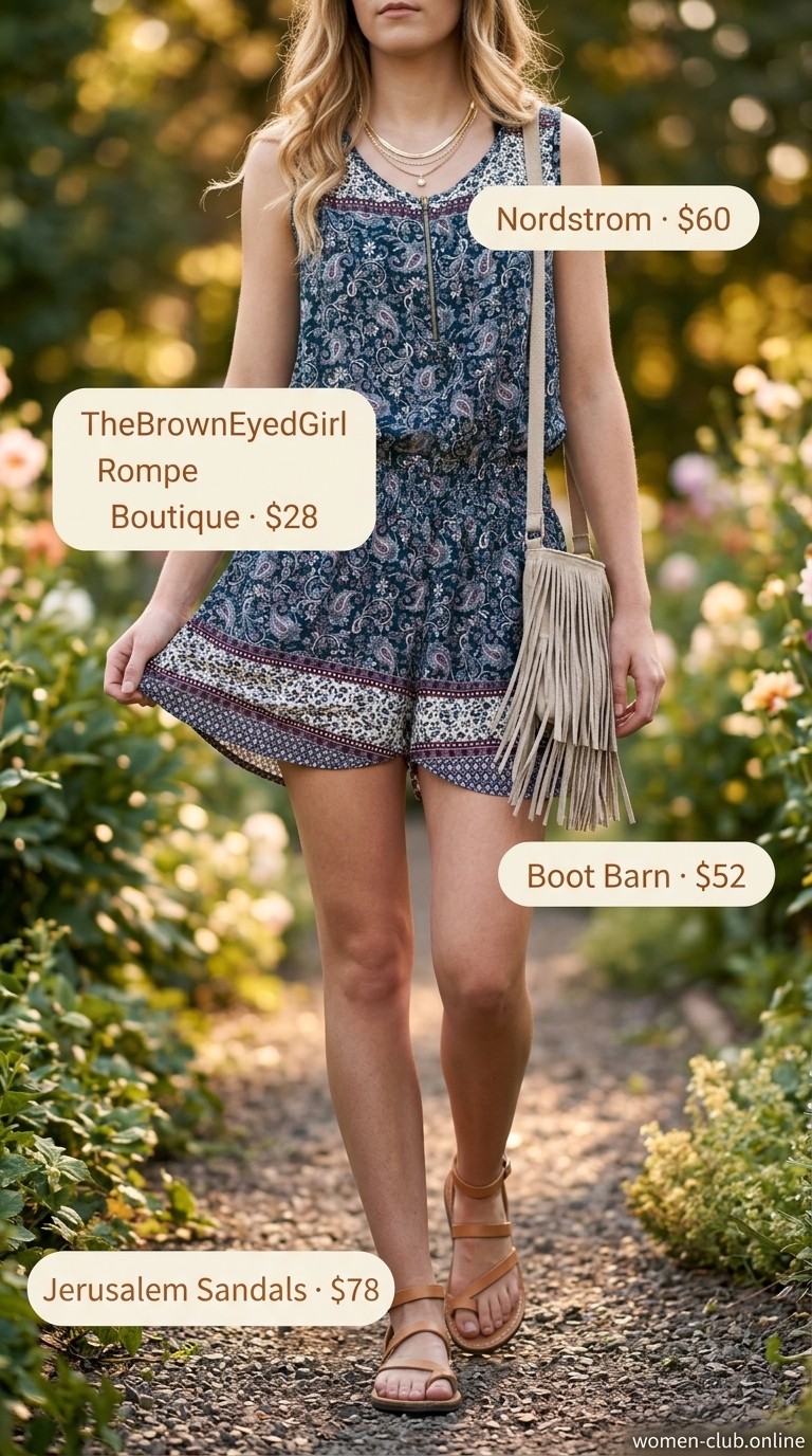 Boho Paisley Romper Festival 2026 Teal & burgundy paisley romper with tan fringe bag. Layered boho summer outfits for women 2026.