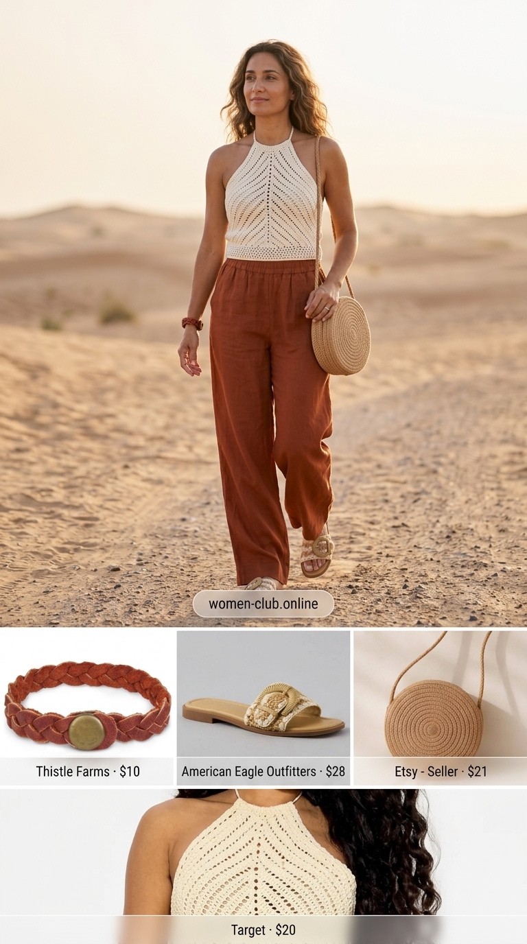 Boho Palazzo Pants Evening Outfit 2026 Rust palazzo pants, crochet top, straw bag for layered boho summer outfits for women 2026. Evening out style.