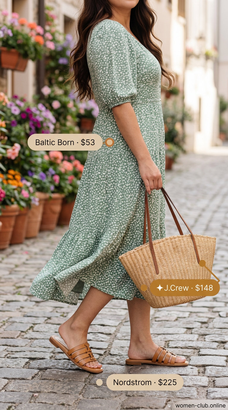 Boho Shirt Dress Look 2026 Muted sage green boho shirt dress with brown woven belt for layered boho summer outfits for women 2026.