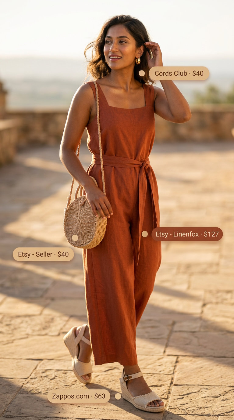 Sunset Jumpsuit Chic 2026 Terracotta boho jumpsuit with gold hoops for layered boho summer outfits for women 2026.