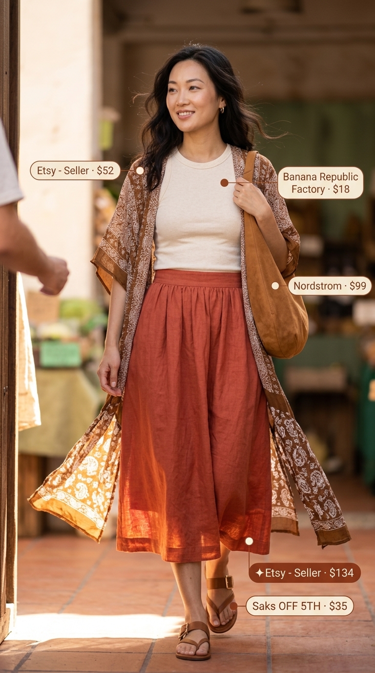 Boho Midi Skirt Kimono Outfit 2026 Terracotta midi skirt, cream knit top, printed kimono for layered boho summer outfits for women 2026. Shopping trip style.