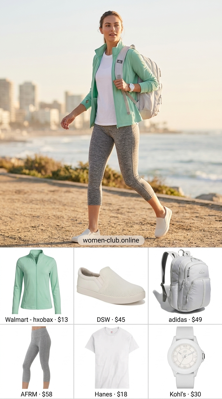 Lightweight Summer Activewear 2026: Breezy Commute Style Lightweight summer activewear for women 2026: Pastel mint jacket, grey leggings, white tee, and slip-on sneakers.