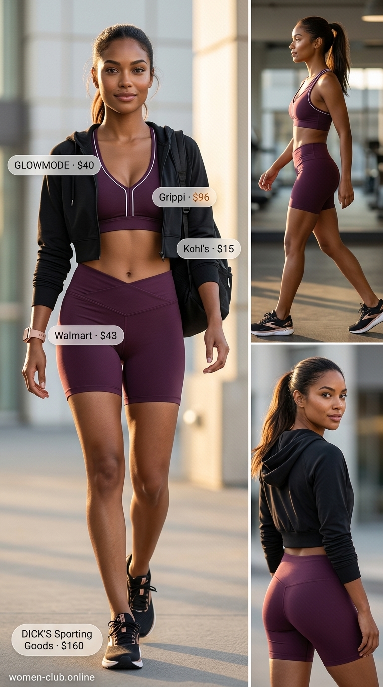 Lightweight Summer Activewear 2026: High-Intensity Workout Gear Lightweight summer activewear for women 2026: Deep plum sports bra & shorts, black jacket, and rose gold sneakers for HIIT.