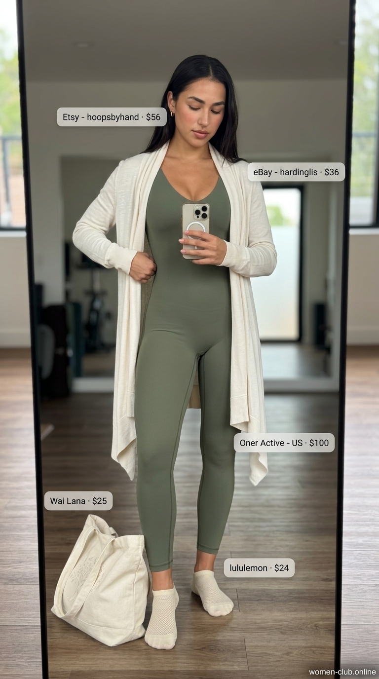 Lightweight Summer Activewear 2026: Mindful Movement Unitard Lightweight summer activewear for women 2026: Olive green unitard, cream wrap cardigan, grip socks, and yoga mat bag.