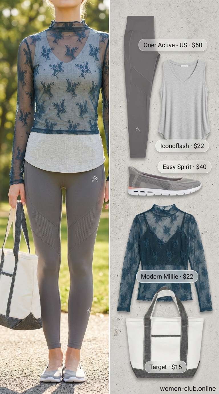 Lightweight Summer Activewear 2026: Pilates & Promenade Outfit Lightweight summer activewear for women 2026: Soft teal capri pants, grey tote, mesh top, and ballet flats for Pilates.