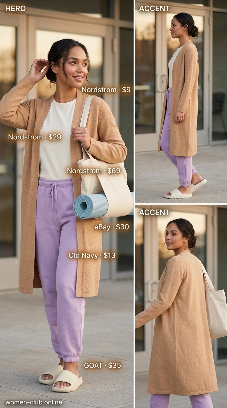 Lightweight Summer Activewear 2026: Post-Workout Zen Style Lightweight summer activewear for women 2026: Soft lavender joggers, cream tee, long cardigan, and canvas tote.