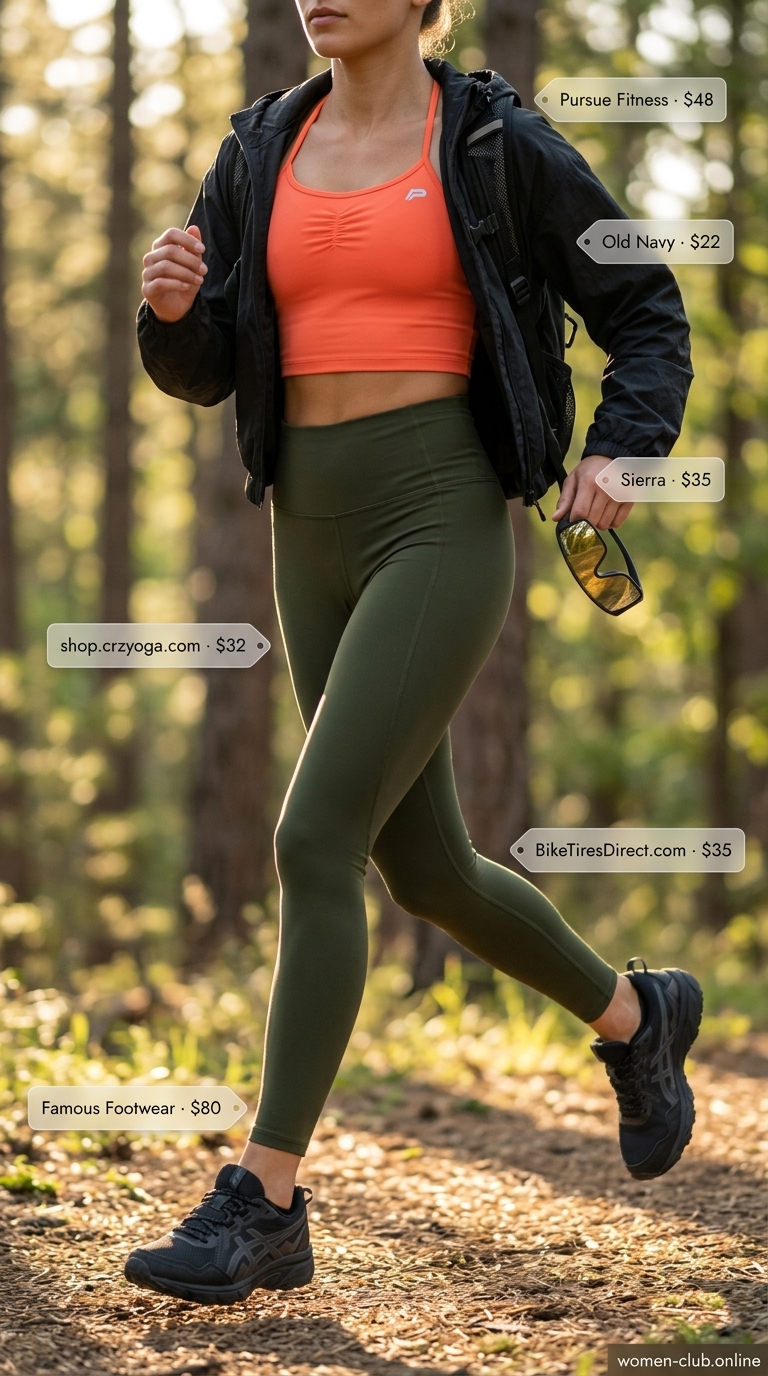 Lightweight summer activewear for women 2026: Olive green leggings, coral sports bra, windbreaker, and trail runners.