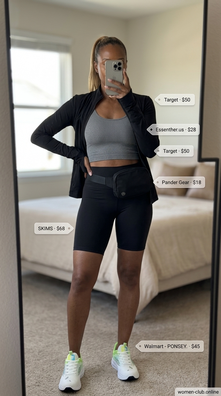 Lightweight Summer Activewear 2026: Urban Power Walk Lightweight summer activewear for women 2026: Black biker shorts, white tank, neon green sneakers for urban power walks.