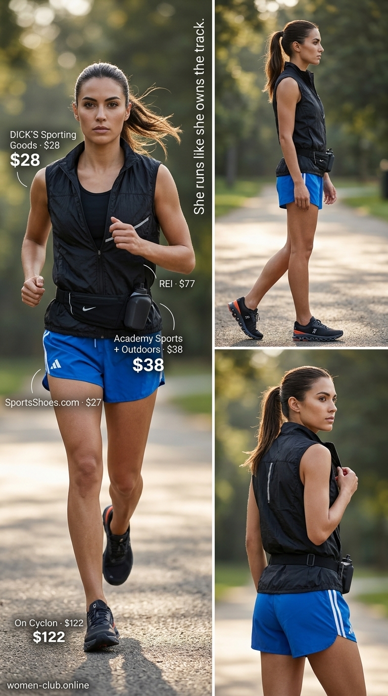 Lightweight Summer Activewear 2026: Running Vest Lightweight summer activewear for women 2026: Electric blue running shorts with black tank and vest for morning run.