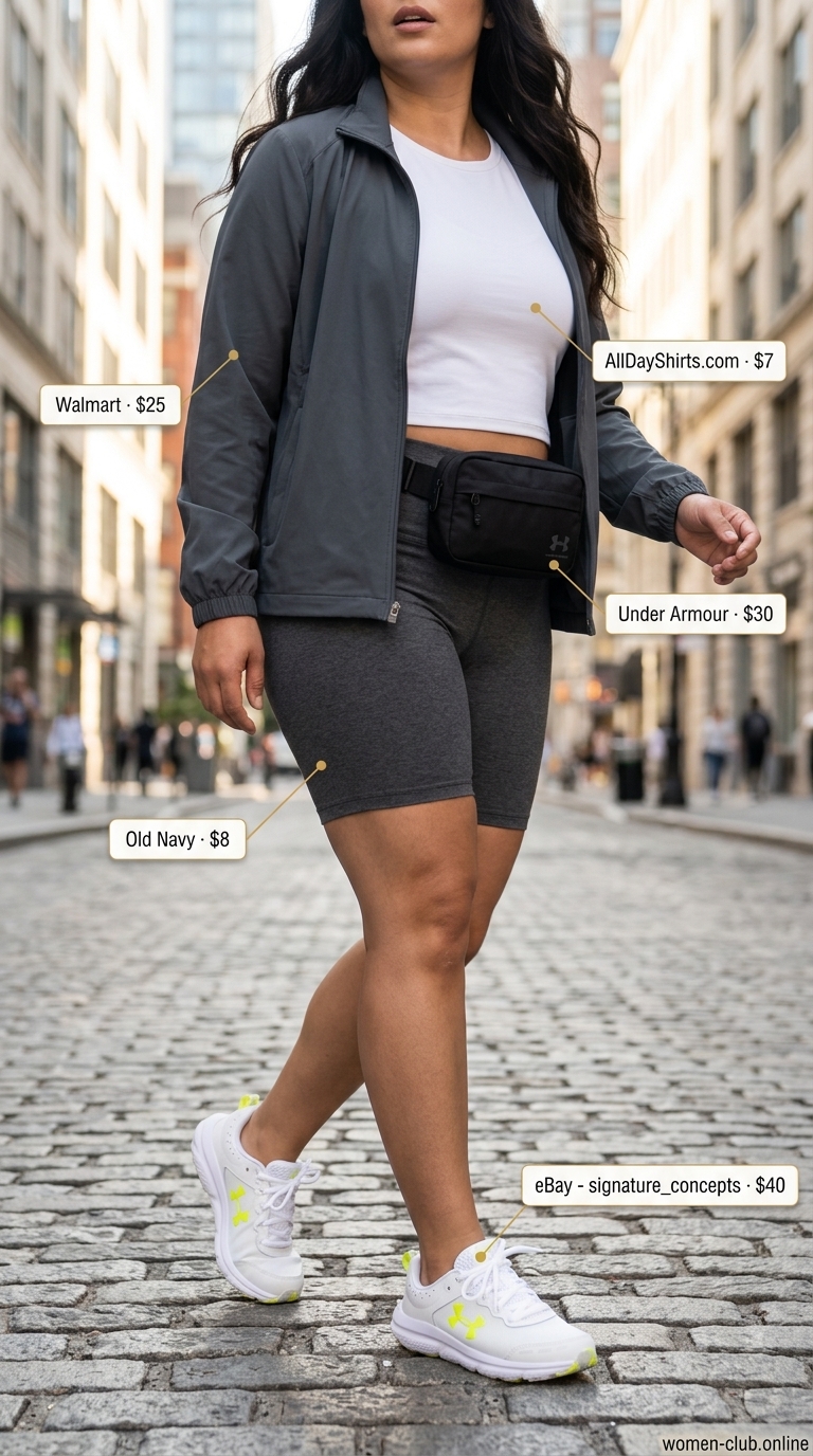 Lightweight Summer Activewear 2026: Urban Biker Shorts Lightweight summer activewear for women 2026: Charcoal biker shorts with white tank, neon yellow sneakers for errands.