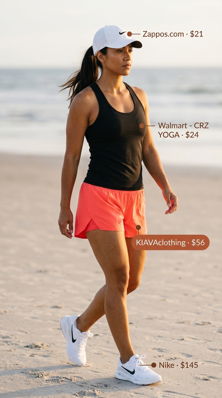 Lightweight Summer Activewear 2026: Running Shorts Lightweight summer activewear for women 2026: Bright coral running shorts with black tank and white cap for morning run.