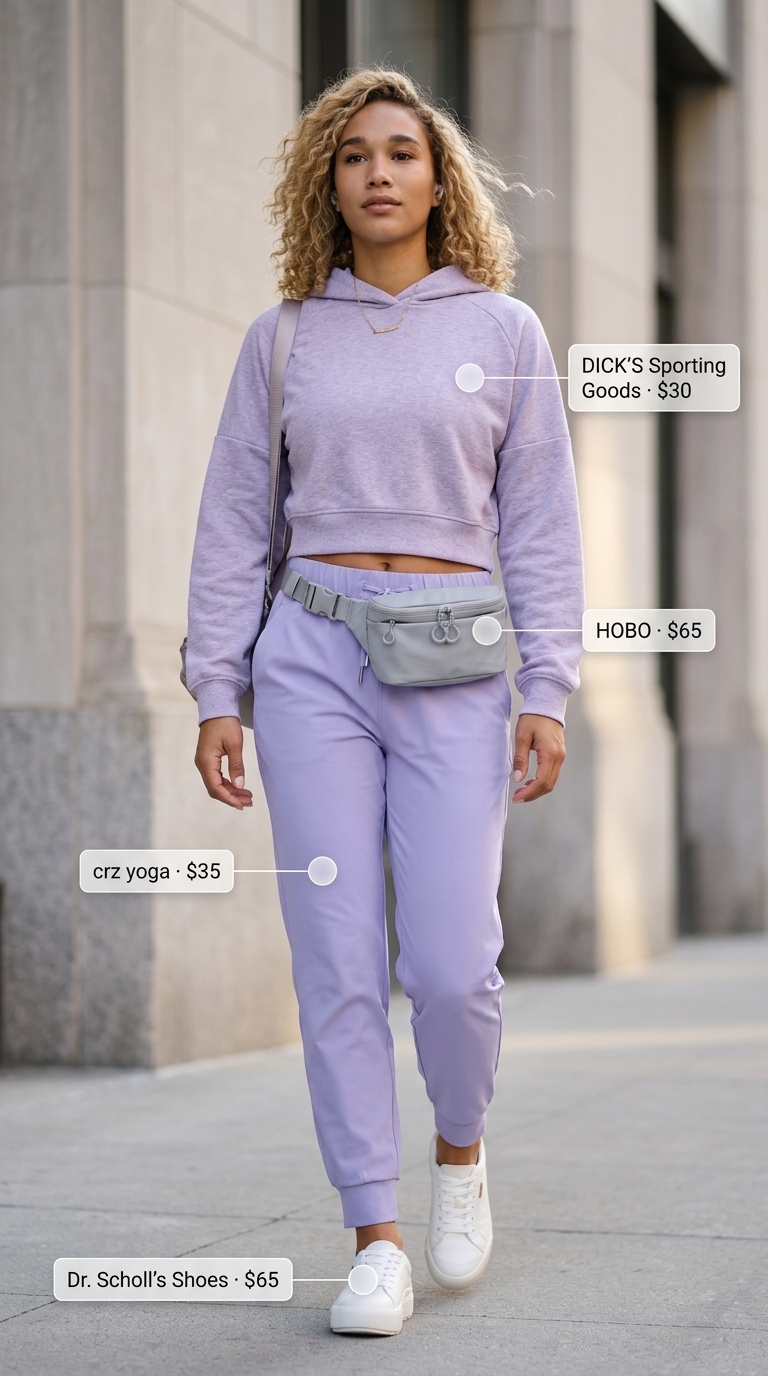 Lightweight Summer Activewear 2026: Post-Workout Comfort Lightweight summer activewear for women 2026: Lavender joggers, grey hoodie, white sneakers for post-workout comfort.