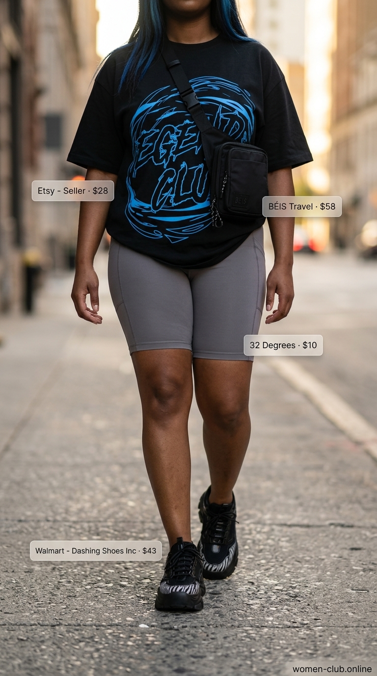 Lightweight Summer Activewear 2026: Street Style Trainer Lightweight summer activewear for women 2026: Dark grey shorts, black graphic tee, electric blue sneakers for street style.