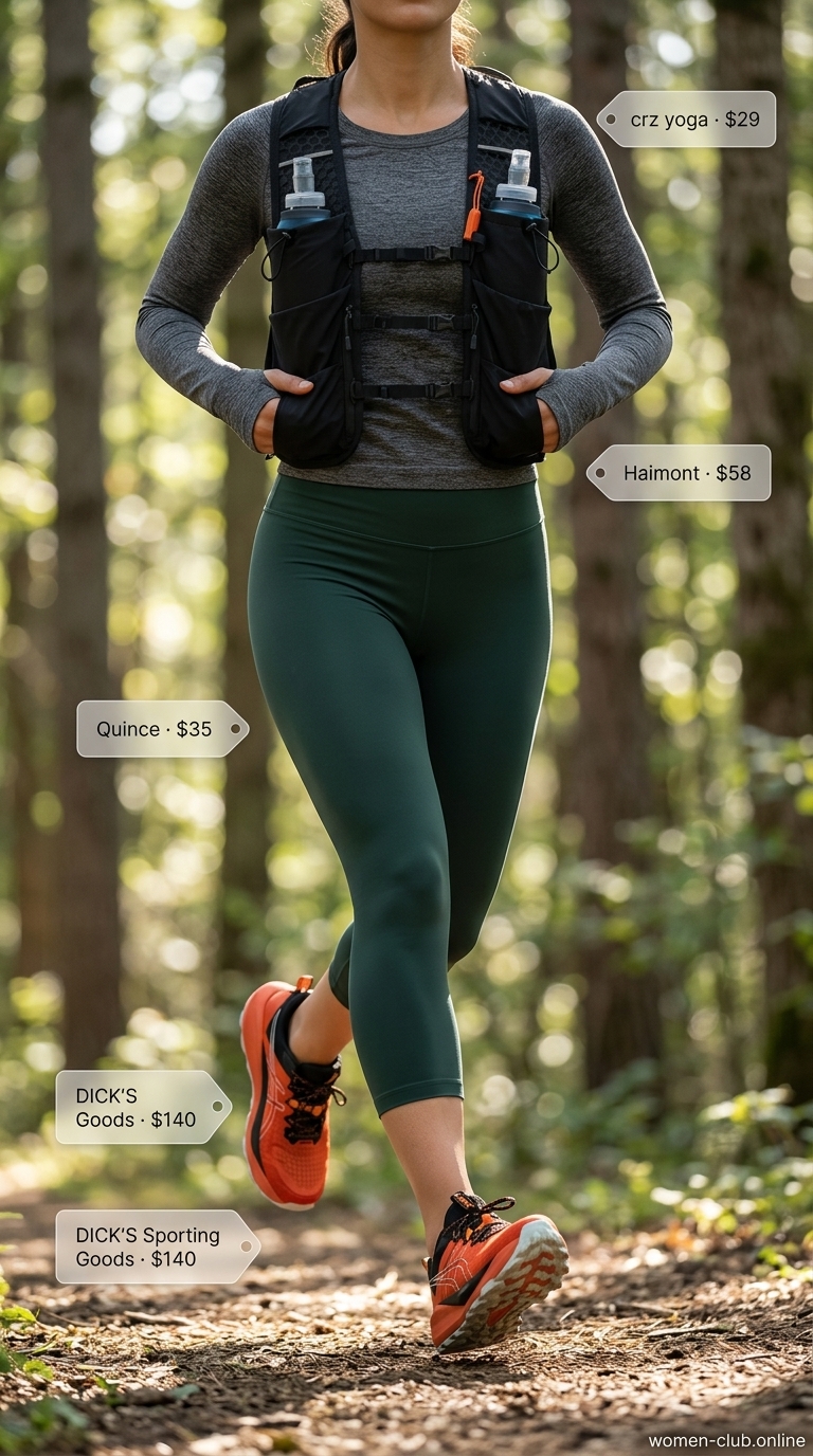 Lightweight Summer Activewear 2026: Trail Running Outfit Lightweight summer activewear for women 2026: Forest green long sleeve top, charcoal leggings, rust trail shoes for outdoor endurance.