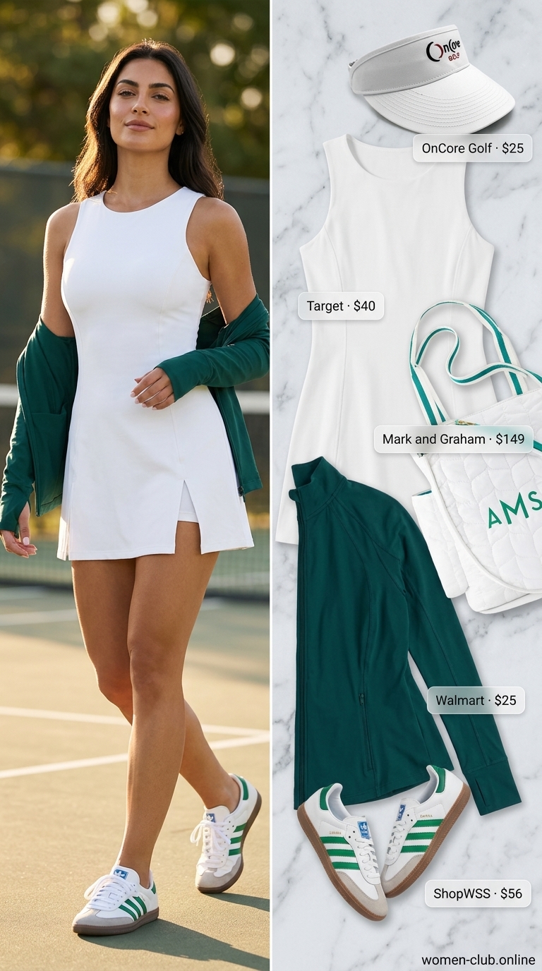 Lightweight Summer Activewear 2026: Tennis Dress Lightweight summer activewear for women 2026: White tennis dress with green accents and forest green jacket.