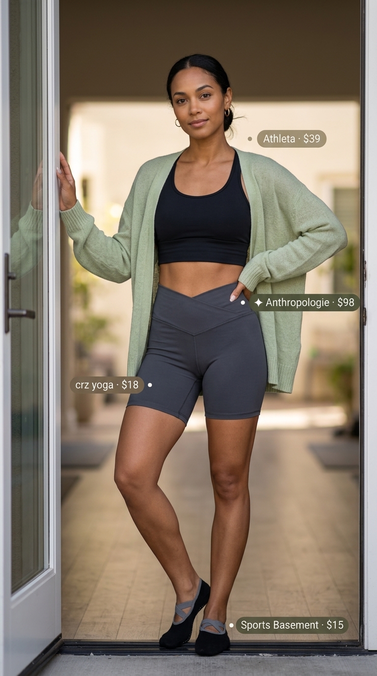 Lightweight Summer Activewear 2026: Yoga Studio Flow Lightweight summer activewear for women 2026: Sage green cardigan, black biker shorts, black socks for yoga class.