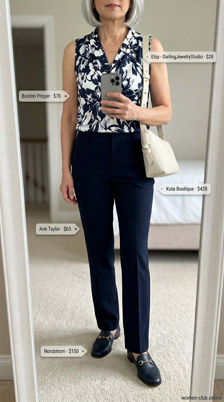 Lightweight summer outfit for women over 60 2026: Sophisticated navy and cream floral silk blouse with tailored trousers.
