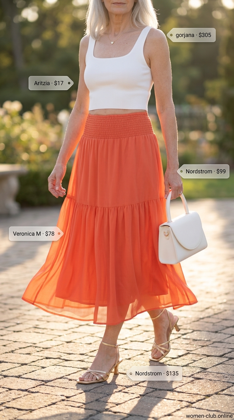 Lightweight summer outfit for women over 60 2026: Coral pink skirt and white top for elegant evenings.