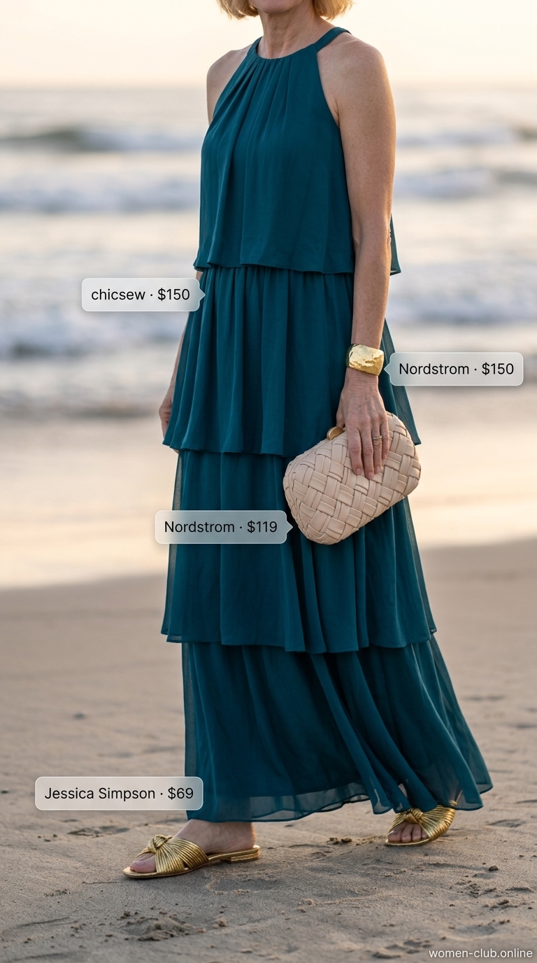 Flowy teal maxi dress, a lightweight summer outfit for women over 60 2026. Elegant beach party style.