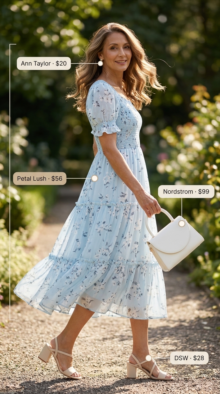 Lightweight summer outfit for women over 60 2026: Pastel floral midi dress for garden parties and events.