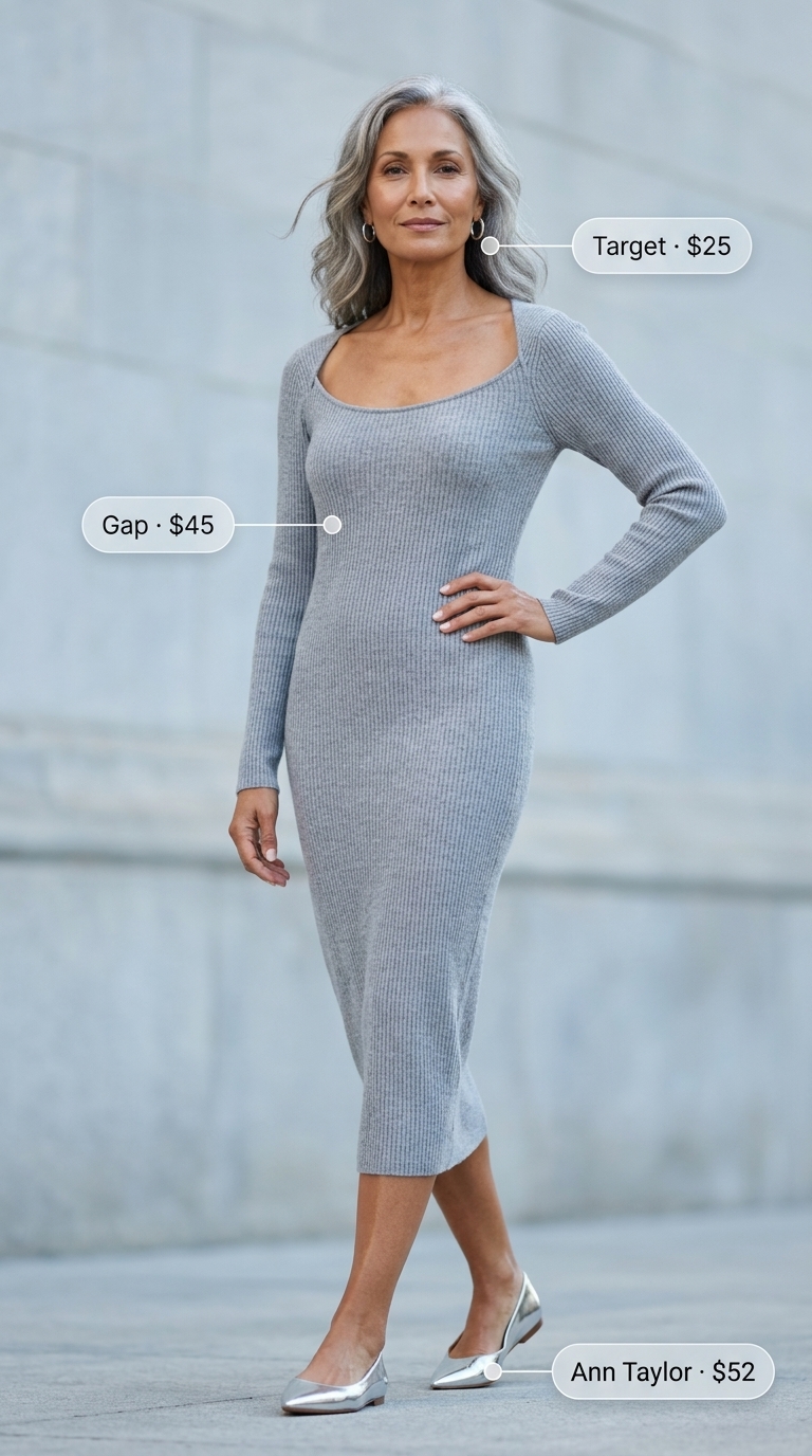 Lightweight summer outfit for women over 60 2026: Soft grey knit midi dress for comfortable, chic daytime wear.