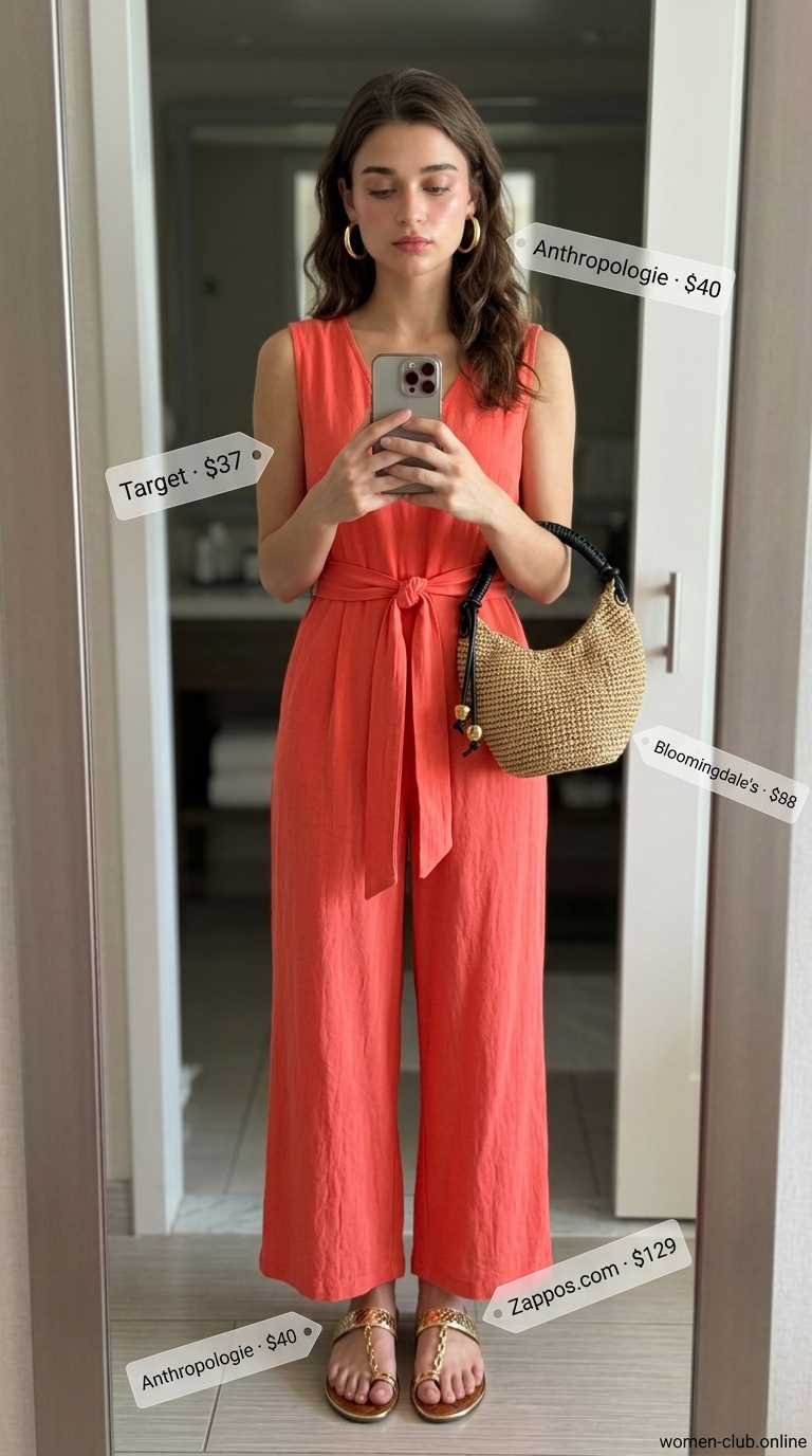 Lightweight summer outfit for women over 60 2026: Coral jumpsuit, gold sandals for vacation evening.