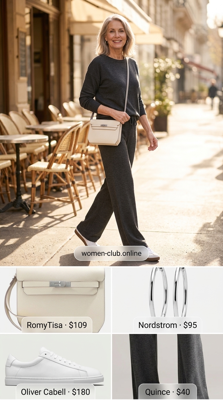 Lightweight summer outfit for women over 60 2026: Chic light grey knit co-ord set for travel or casual evenings.