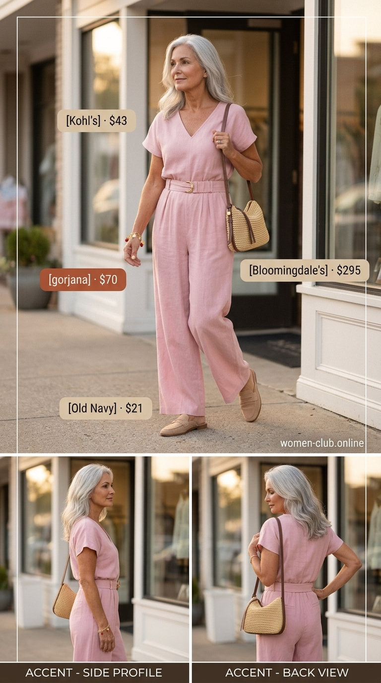 Chic blush pink linen jumpsuit for a lightweight summer outfit for women over 60 2026. Casual day out style.