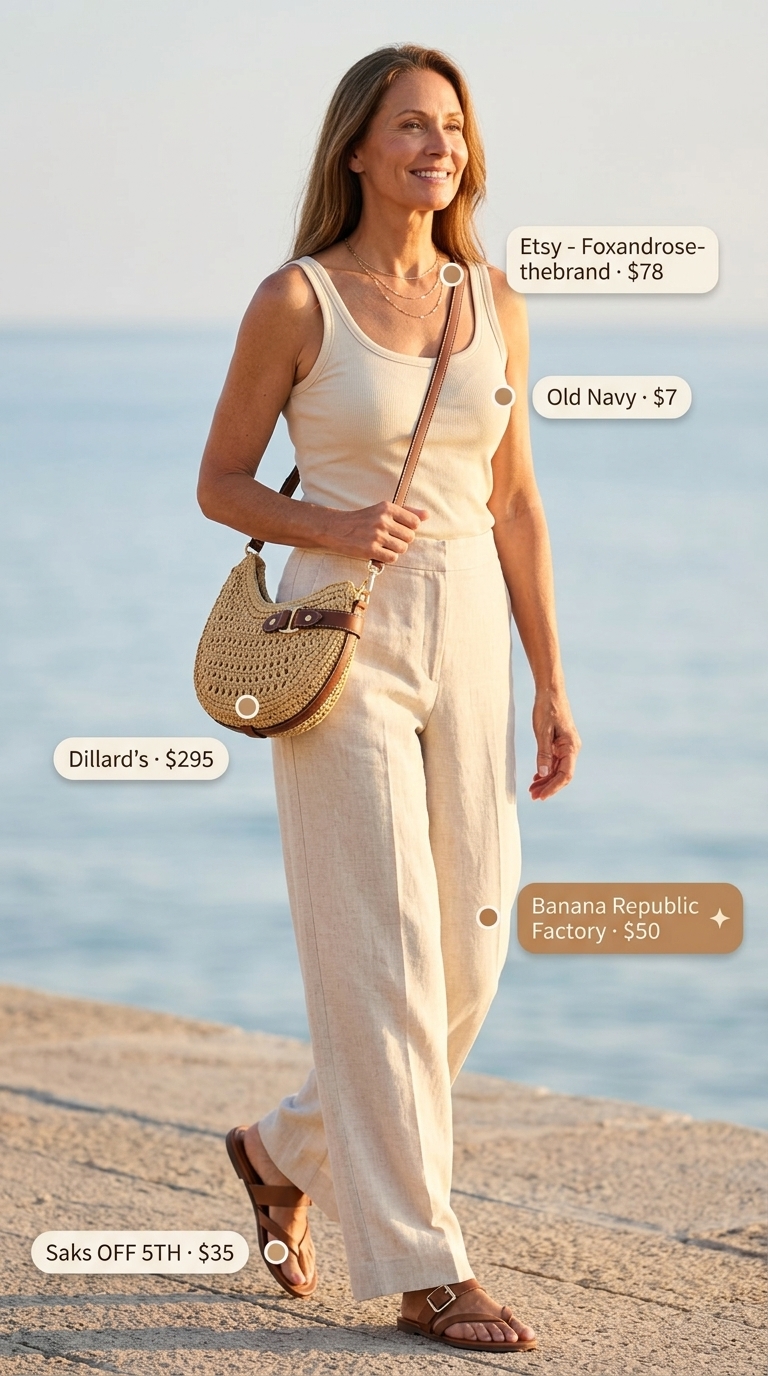 Lightweight summer outfit for women over 60 2026: Beige linen pants, cream tank, gold necklace for a casual day out.