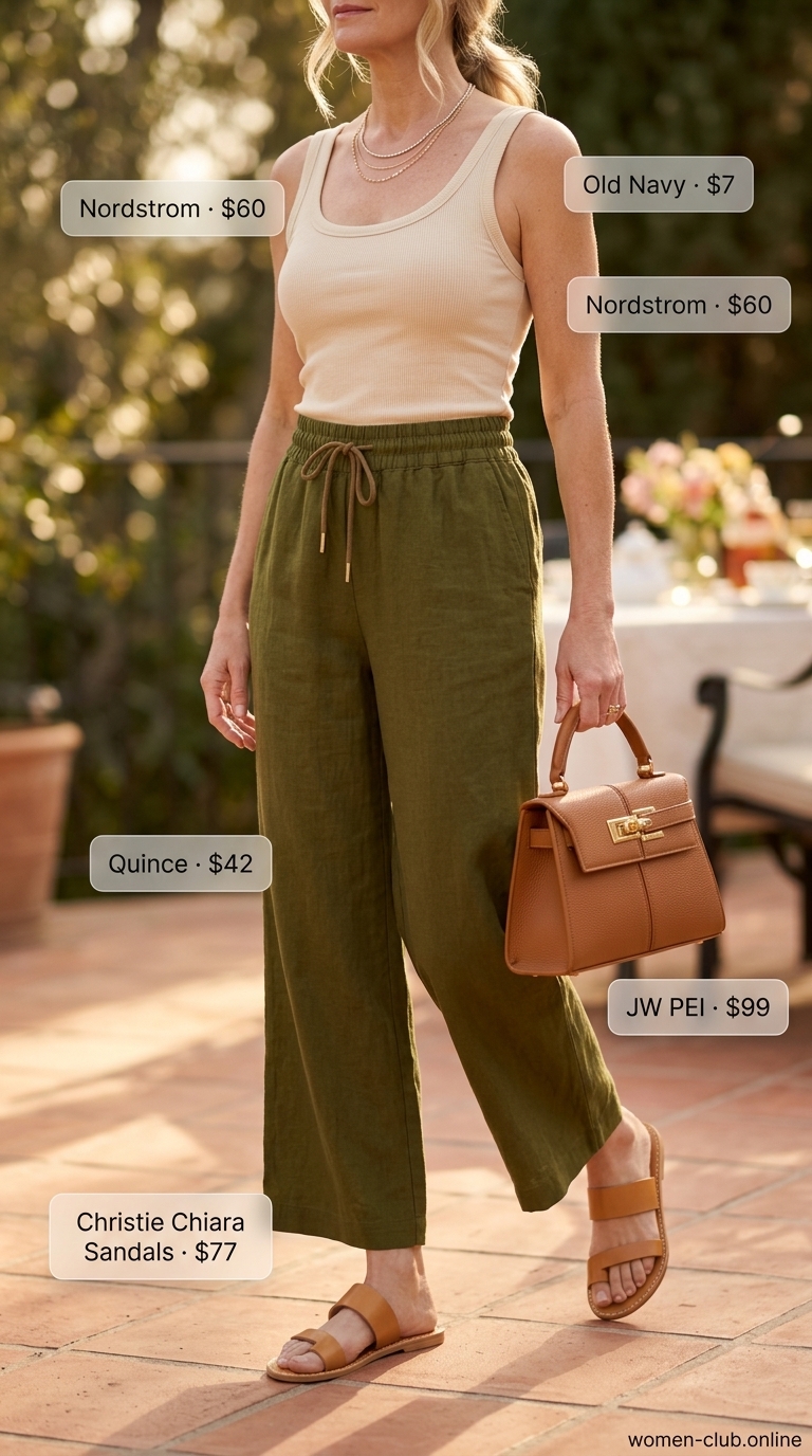 Chic sage green linen pants, a lightweight summer outfit for women over 60 2026. Relaxed lunch style.