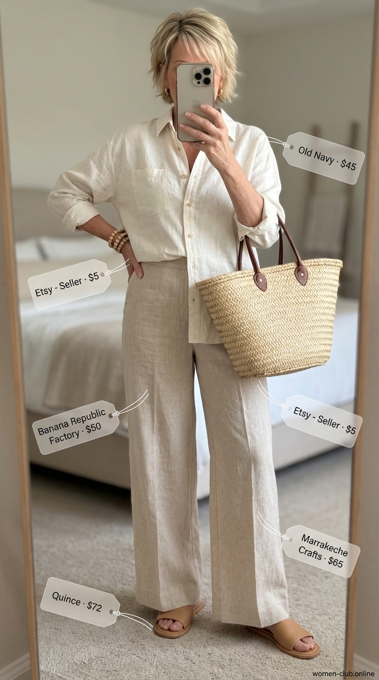 Lightweight summer outfit for women over 60 2026: Sandstone linen pants, off-white shirt, wood beads for brunch.
