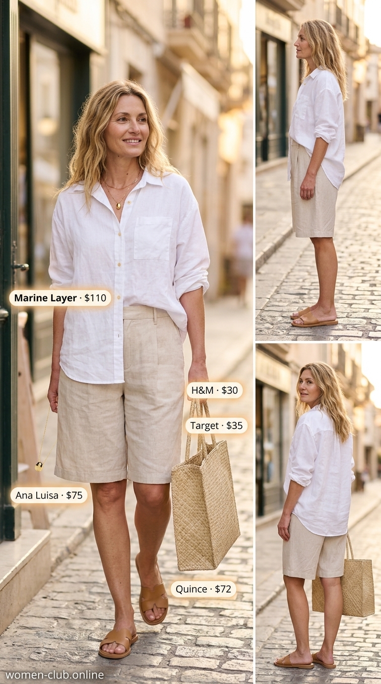 Lightweight summer outfit for women over 60 2026: Beige linen shorts, white linen shirt, gold necklace for casual outing.