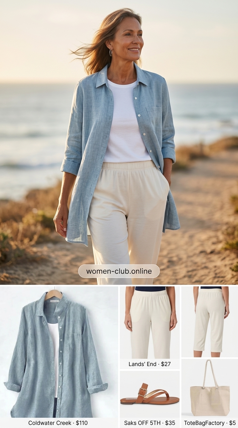 Lightweight summer outfit for women over 60 2026: Light blue linen tunic, white capris, silver earrings for travel.