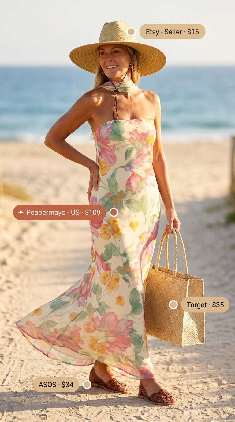 Lightweight summer outfit for women over 60 2026: Vibrant floral maxi dress, straw hat for a beach vacation.