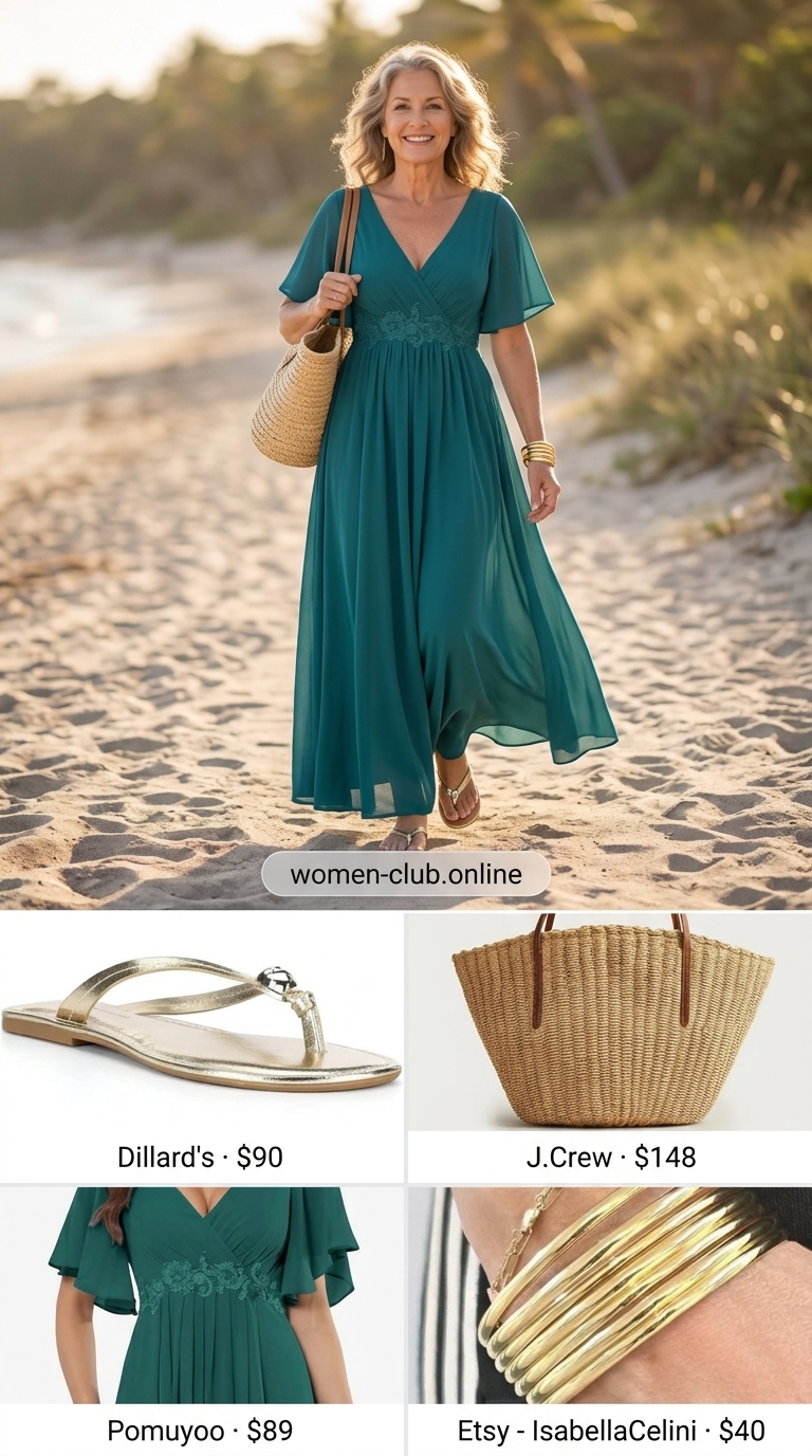 Bohemian teal maxi dress, a lightweight summer outfit for women over 60 2026. Perfect for vacation.